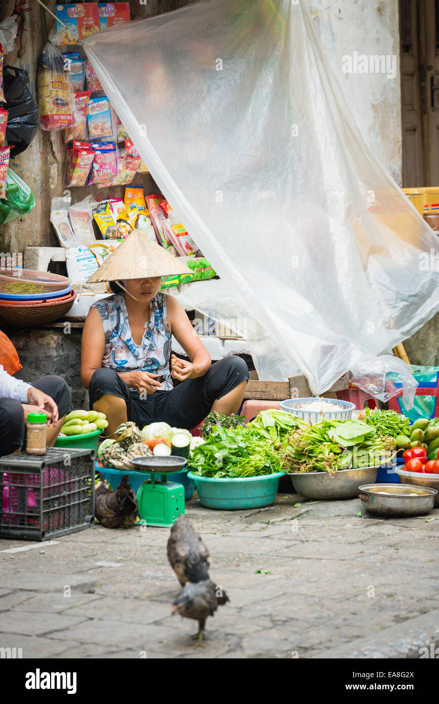 Woman selling fruit and vegetables at Dong Xuan market in Hanoi's Old Quarter Stock Photo