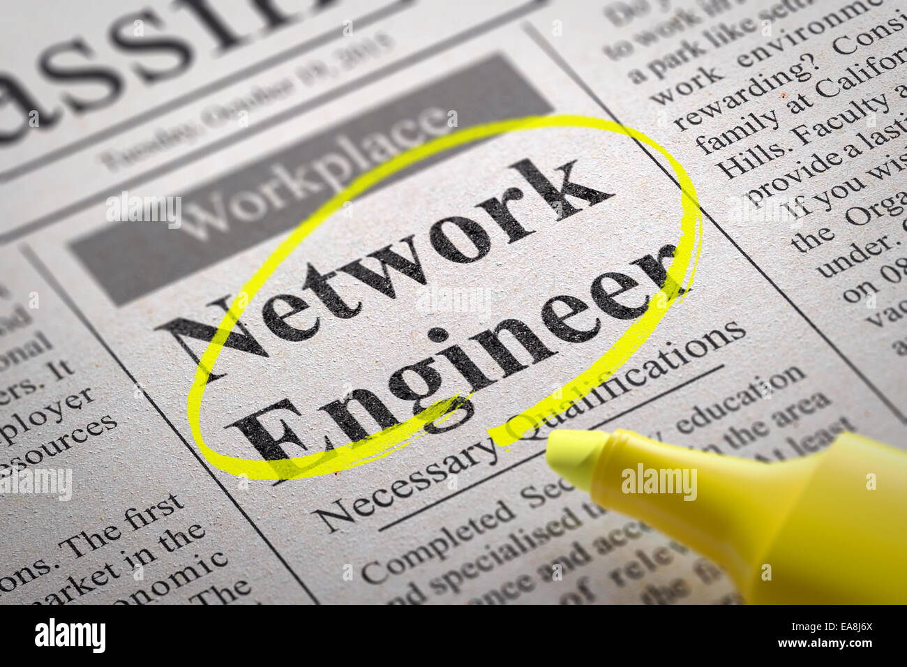 Network Engineer Vacancy in Newspaper. Job Seeking Concept Stock Photo