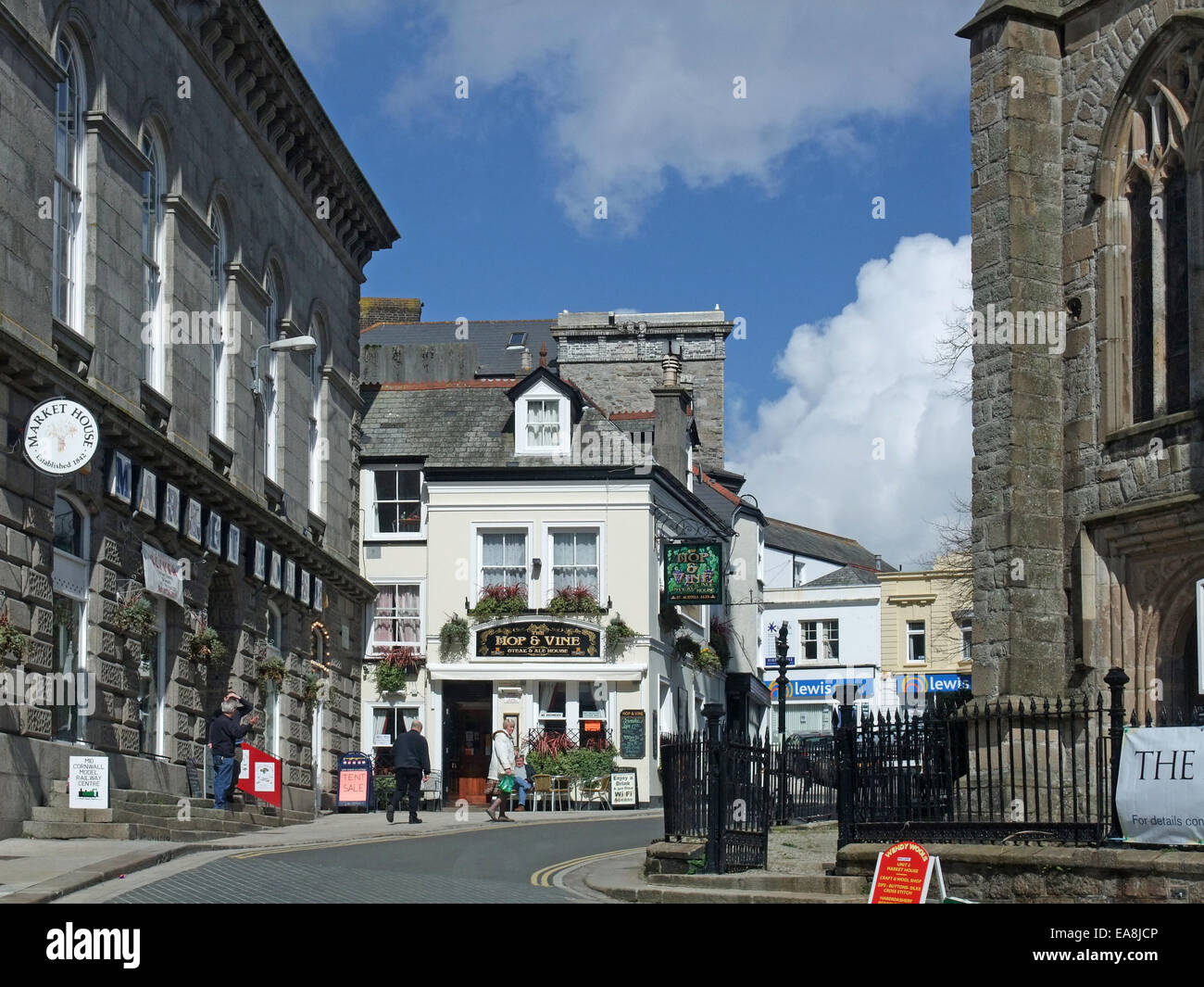 View up Market Street with exterior views of the Market House Hop