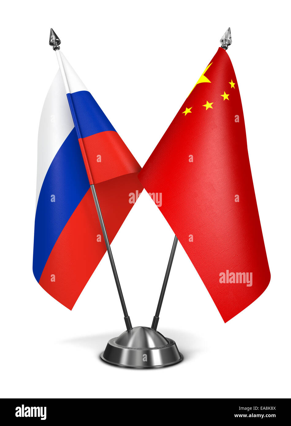 Russia and People's Republic of China - Miniature Flags Isolated on White Background. Stock Photo