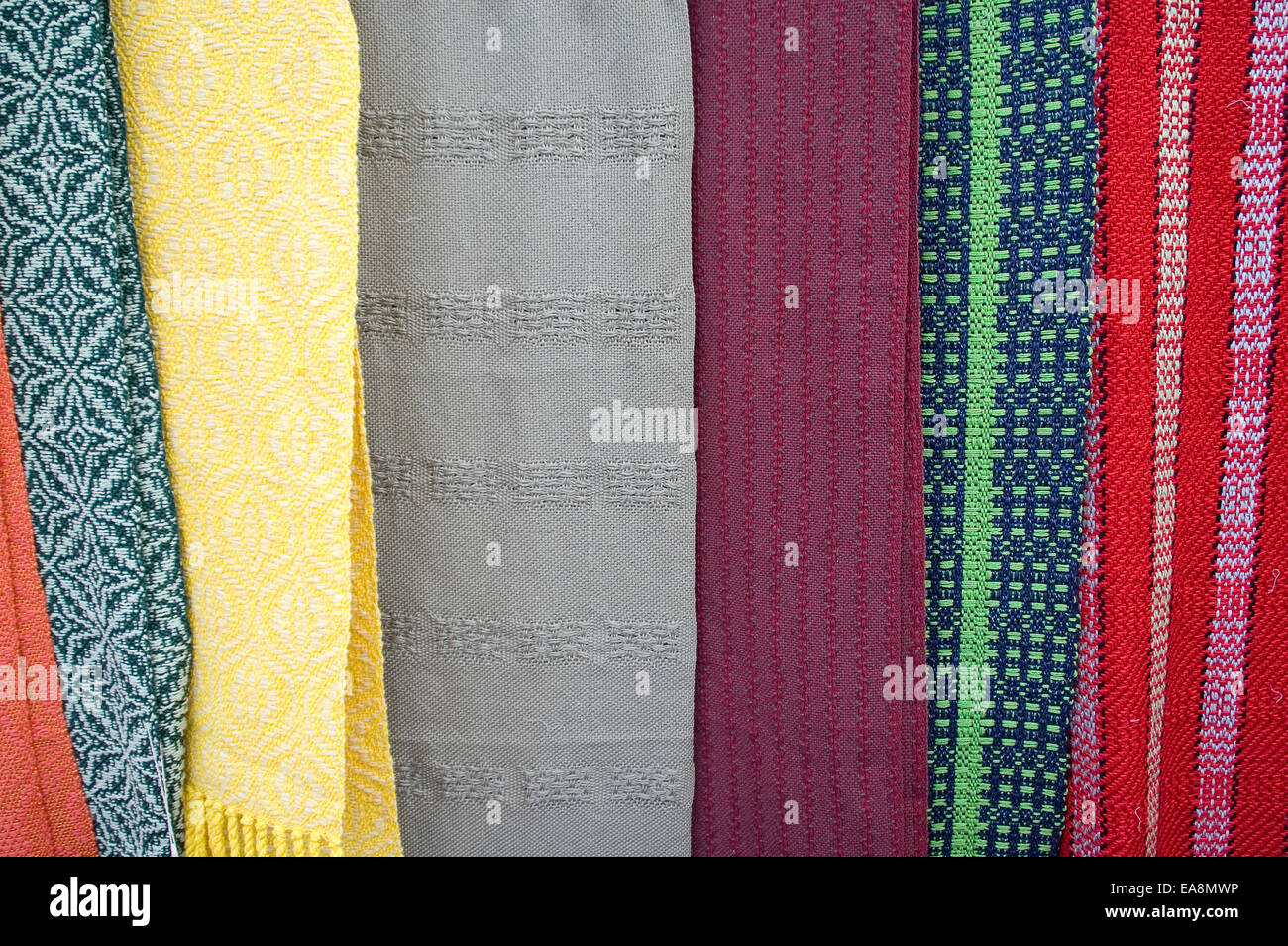 Cotton scarves in various designs and colors. Photographed at the