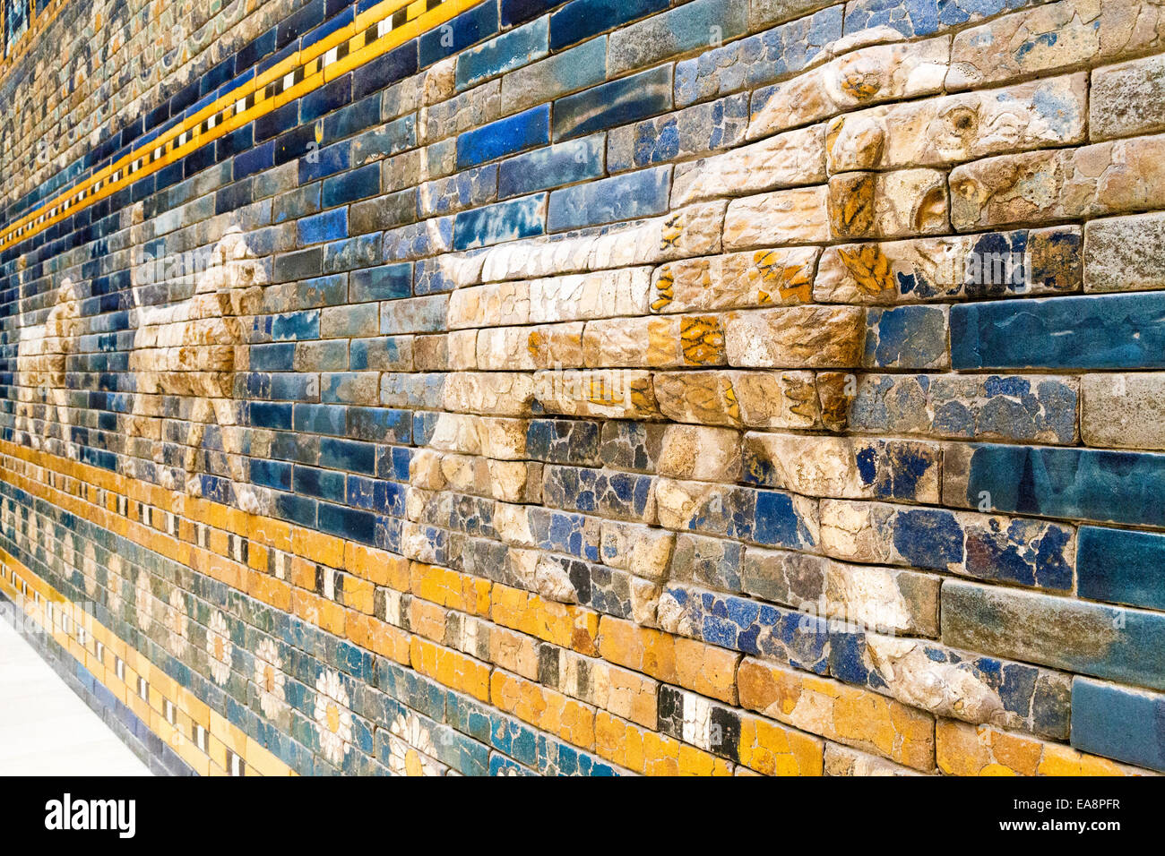 Close up of ceramic tiled lions, Ishtar Gate, Processional Way, Pergamon Museum, Berlin, Germany Stock Photo