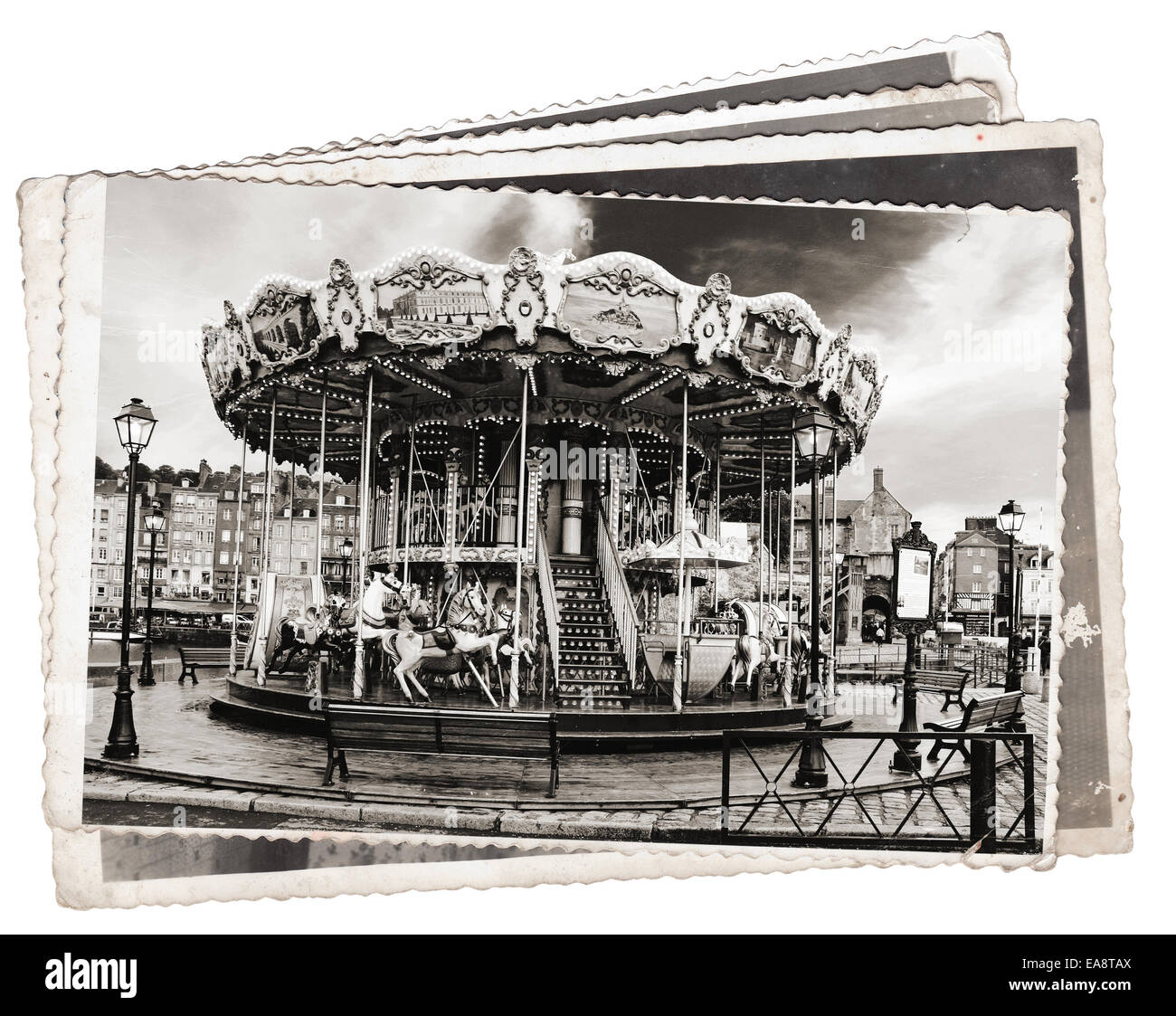 Vintage photos Old wooden carousel in Honfleur Stock Photo