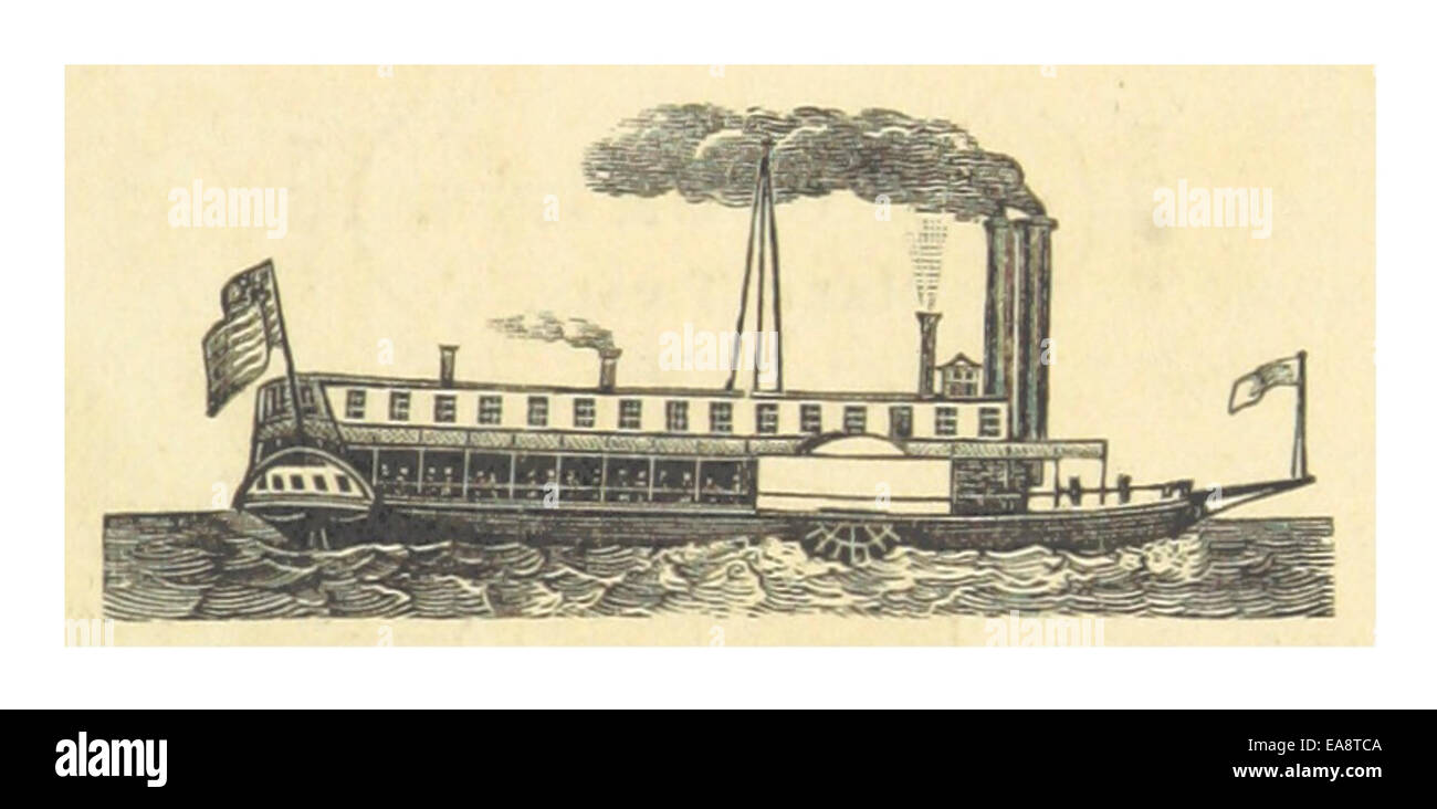An 1883 illustration by Mark Twain depicting a Mississippi steamboat, evoking the riverboat era of the mid-19th century. Stock Photo