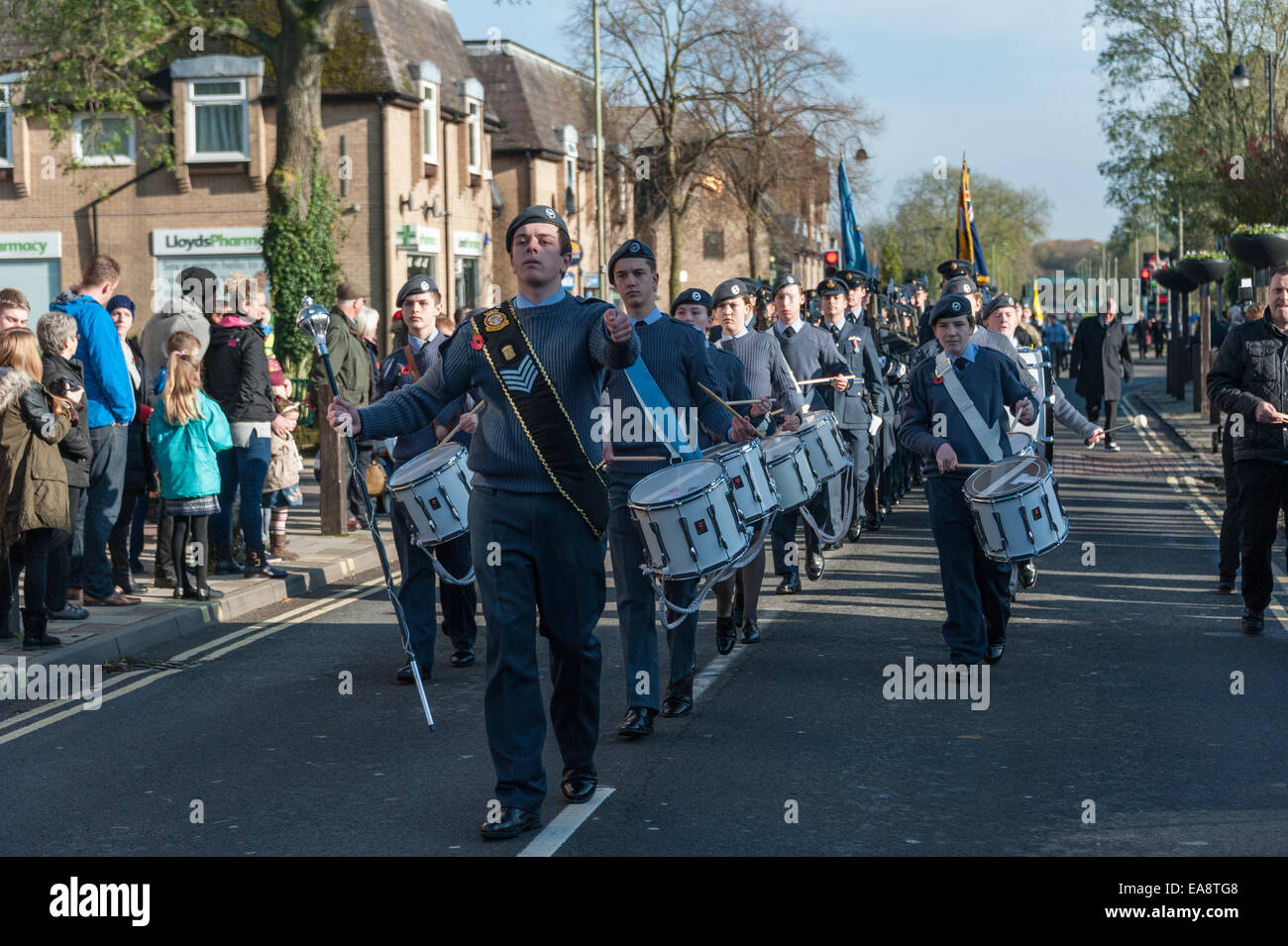 Carterton, Oxfordshire, UK. 9th November, 2014. Members of 2267 (Brize Norton) Sqn Air Training Corps Play during the Remembrance Sunday Parade in Carterton Oxfordshire. RAF Brize Norton whas played such a vital role in recent and onging missions. Credit:  Desmond Brambley/Alamy Live News Stock Photo