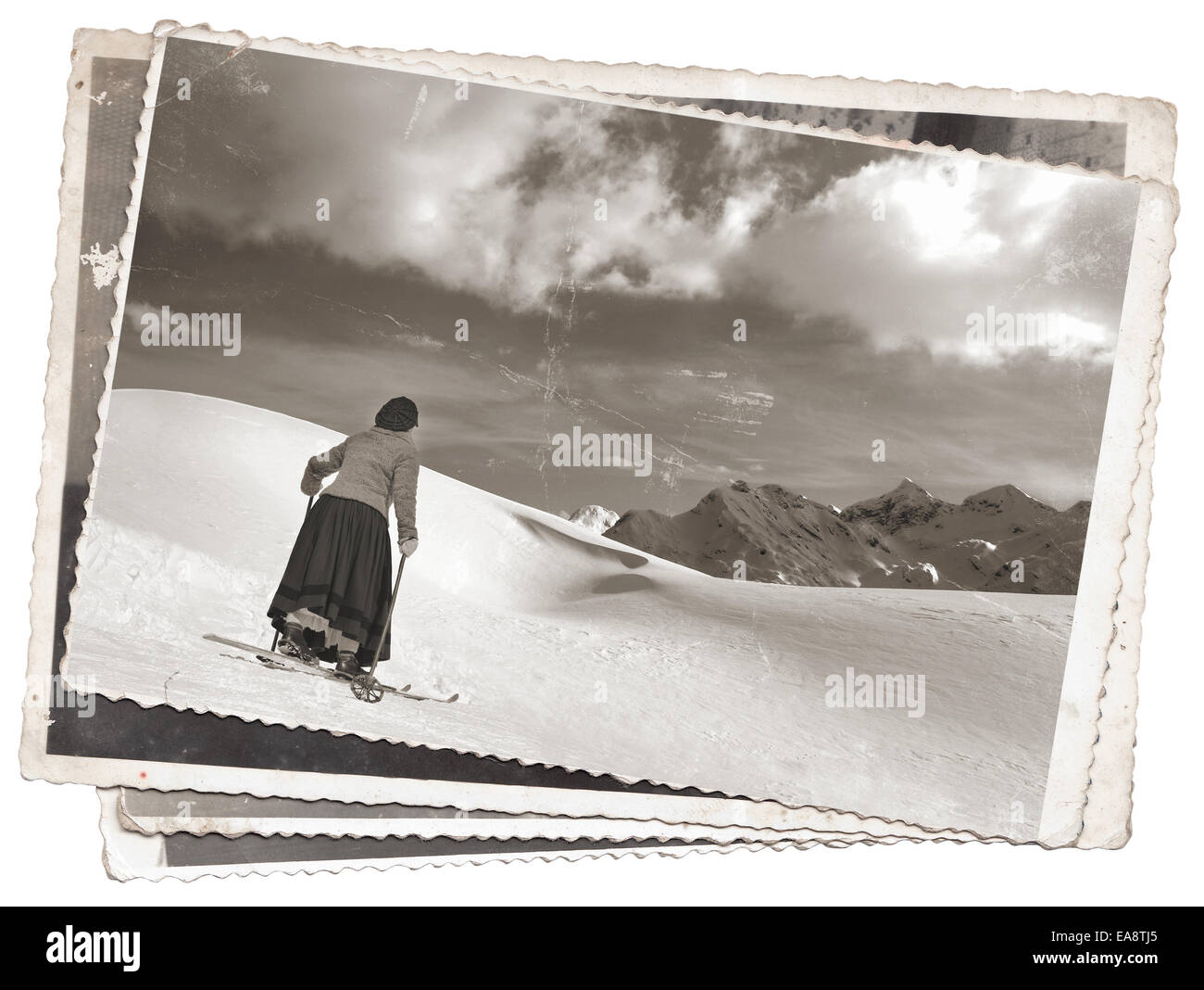 Vintage photos women on old wooden skis Stock Photo