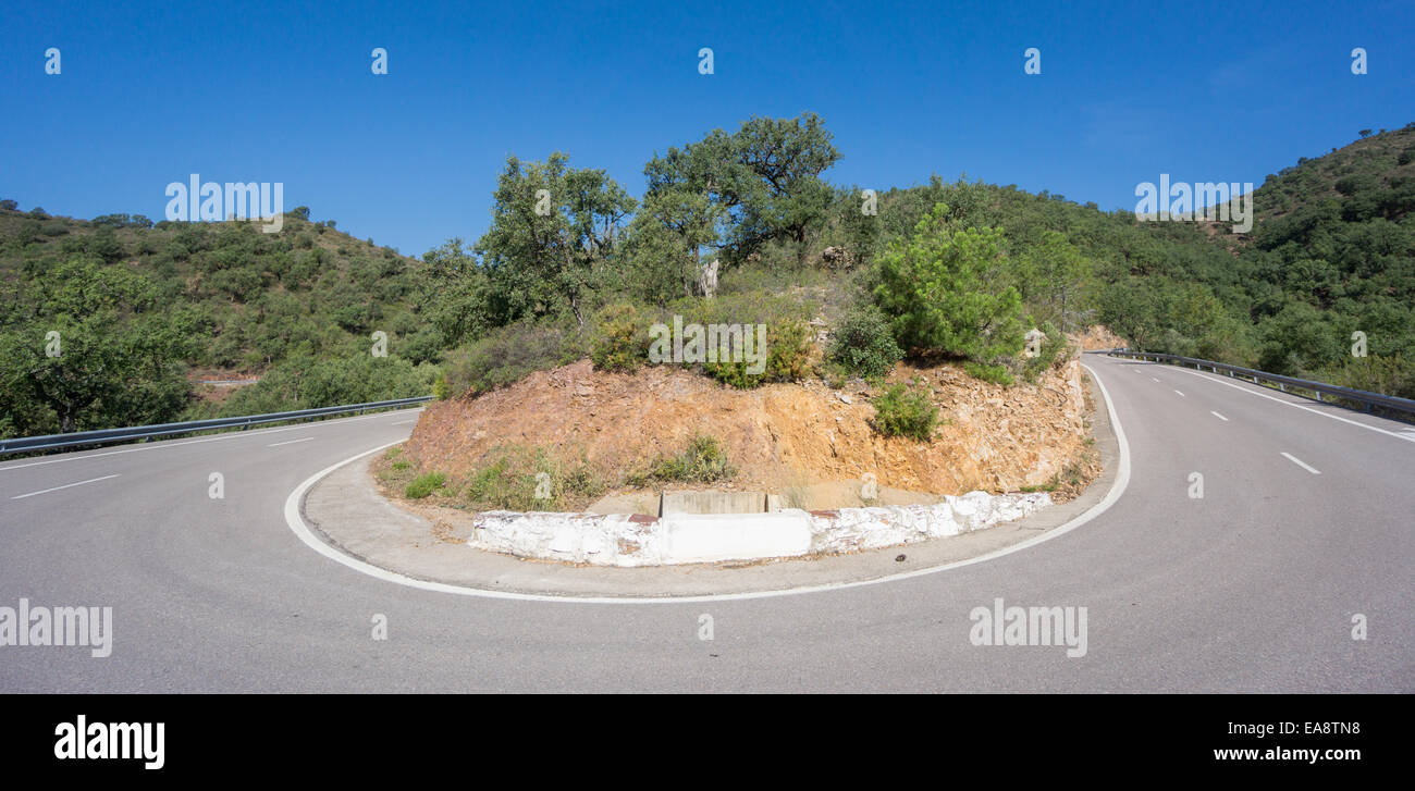 Ultra Wide Angle View Of Mountain Hairpin Bend Curved Road Stock