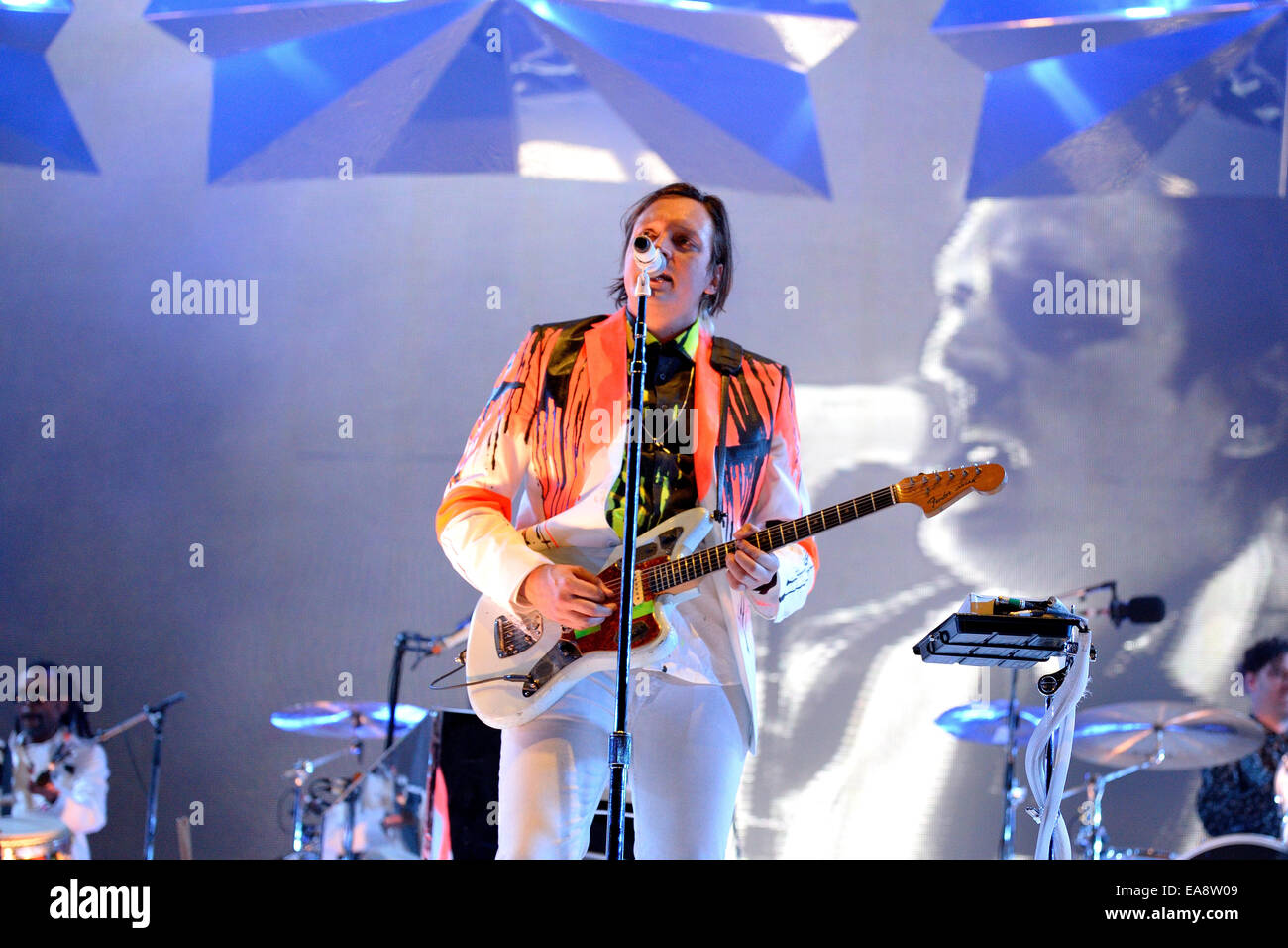 BARCELONA - MAY 29: Arcade Fire (indie rock band) performs at Heineken Primavera Sound 2014 Festival (PS14). Stock Photo