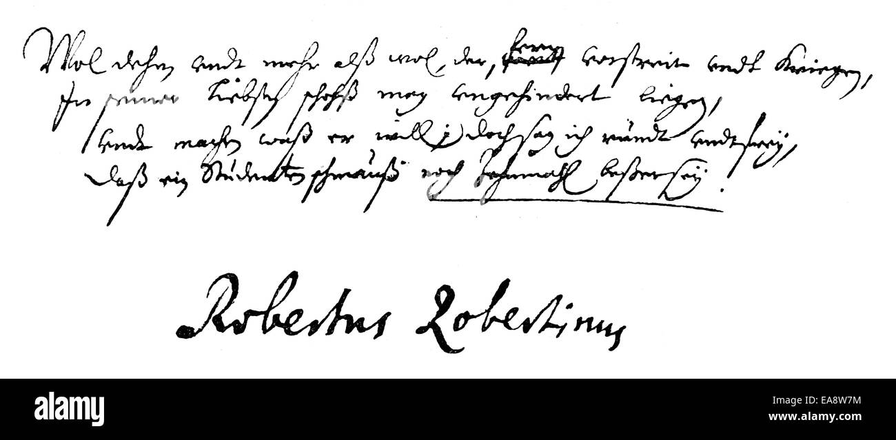Historic manuscript by Robert Roberthin or Robertin, Robertinus or Berrintho, 1600 - 1648, a German poet, Historische Handschrif Stock Photo