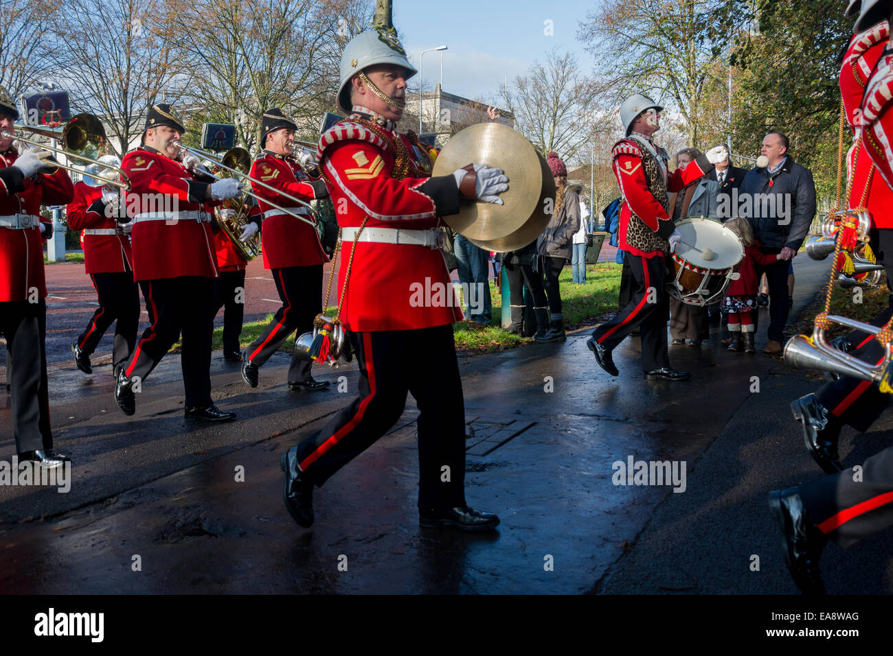 Cardiff, Wales, UK. 9th November, 2014.  The Royal Regiment of Wales entering Cathays Park, Cardiff, UK. for the centenary remembrance service Credit:  Owain Thomas/Alamy Live News Stock Photo