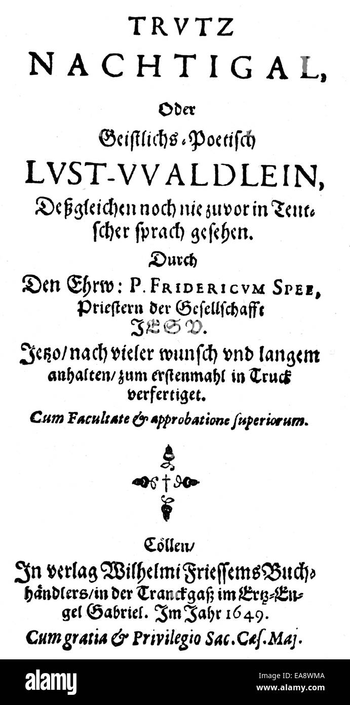 Title of the book Trutz-Nachtigal by Friedrich Spee, 1591 - 1635, a German Jesuit, moral theologian, poet, writer and witch theo Stock Photo