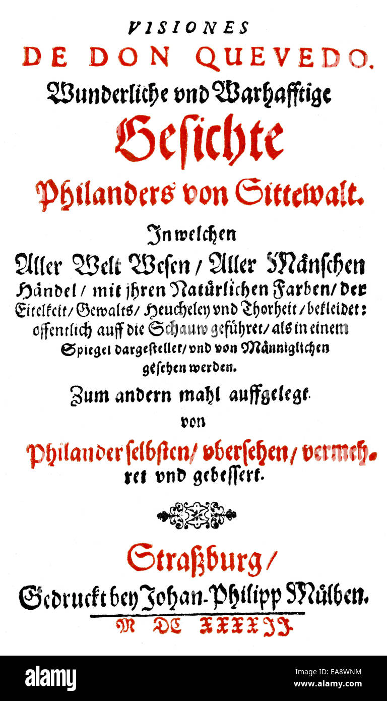 Historic print of 1642, title page of a book by Johann Michael Moscherosch, 1601 - 1669, a German statesman, satirist and teache Stock Photo