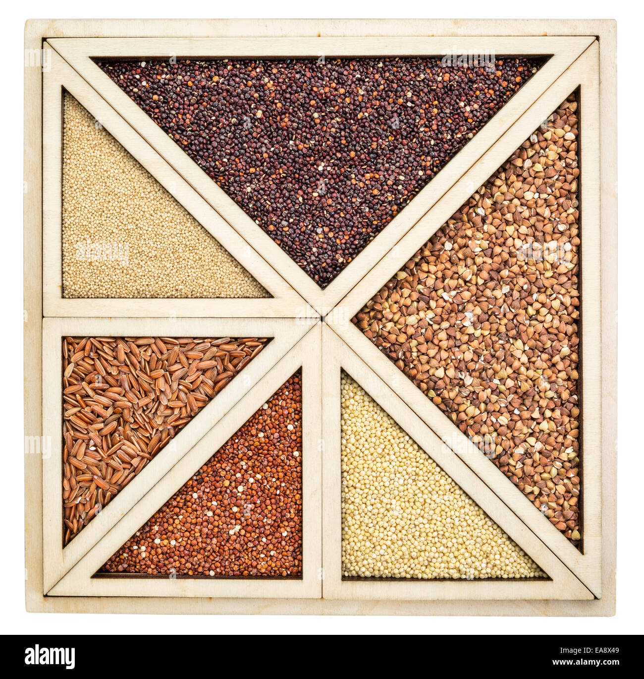 variety of gluten free grains (red and black quinoa, buckwheat, brown