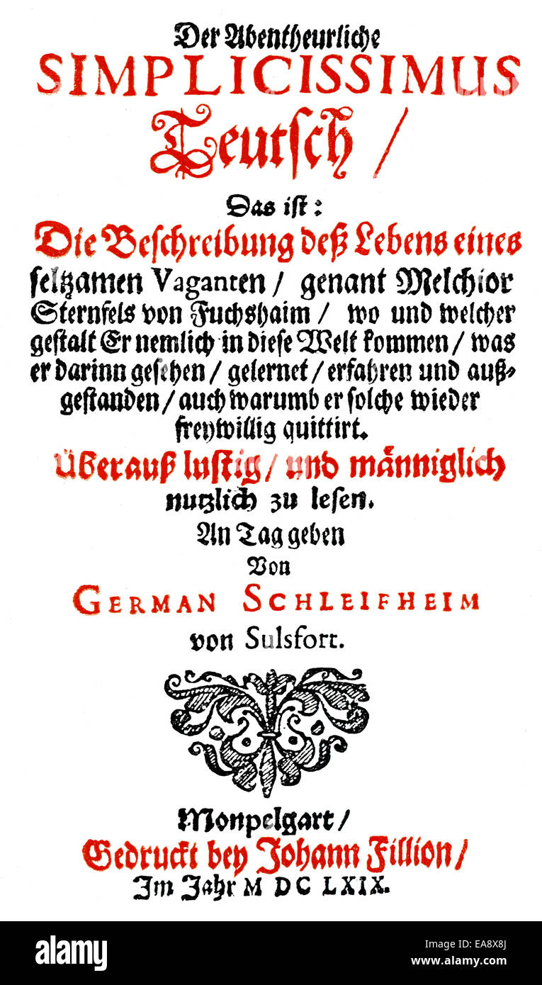 Historic print, copper engraving of 1669, frontispiece of the first edition, Der abenteuerliche Simplicissimus Teutsch by Hans J Stock Photo