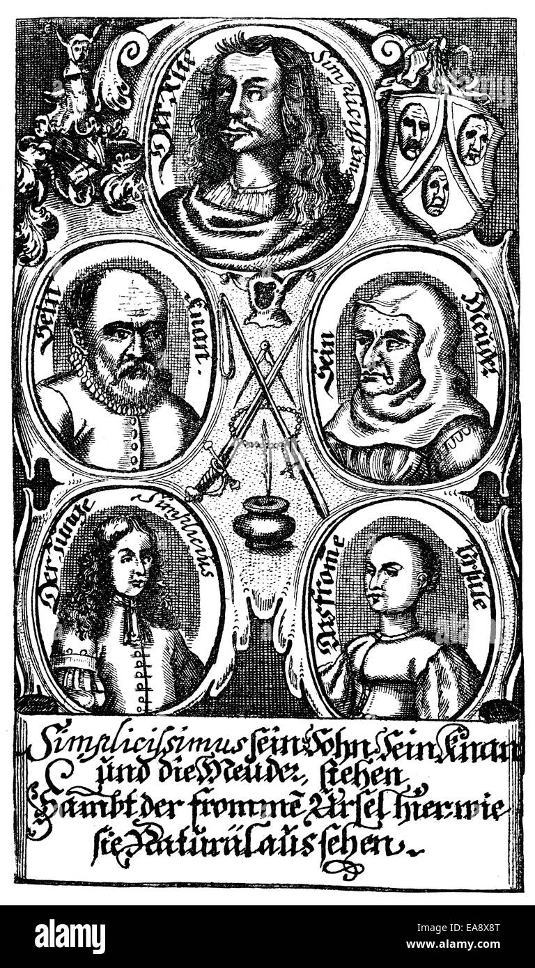 Historic print, copper engraving, 1670, Der abenteuerliche Simplicissimus Teutsch by Hans Jakob Christoffel von Grimmelshausen, Stock Photo