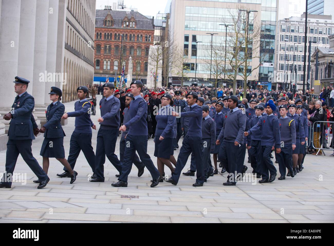 Manchester, UK 9th November 2014 RAF cadets take part in the Remembrance Day Service in Manchester  held at the new site of the Cenotaph, about 100 metres from the former site. Remembrance Day  Manchester, UK Stock Photo