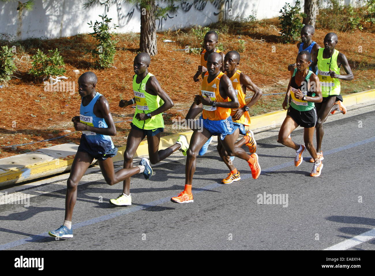 The leading group of the Athens Marathon is pictured during the race. More than 13,000 took part
