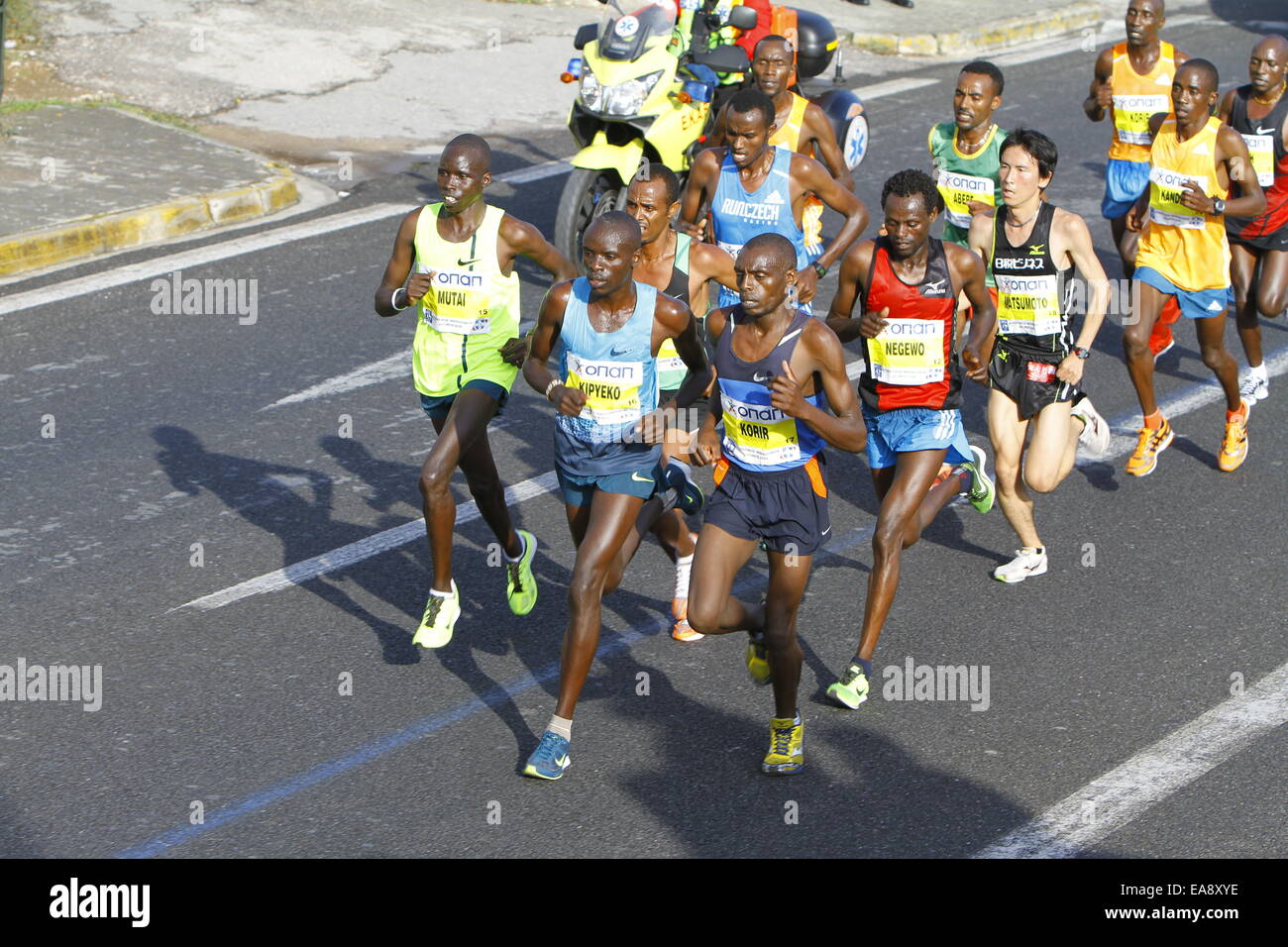 The leading group of the Athens Marathon is pictured during the race. More than 13,000 took part