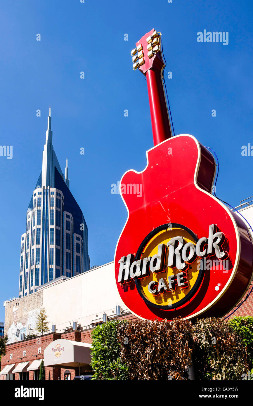 The Hard Rock Cafe sign in downtown Nashville Tennessee Stock Photo