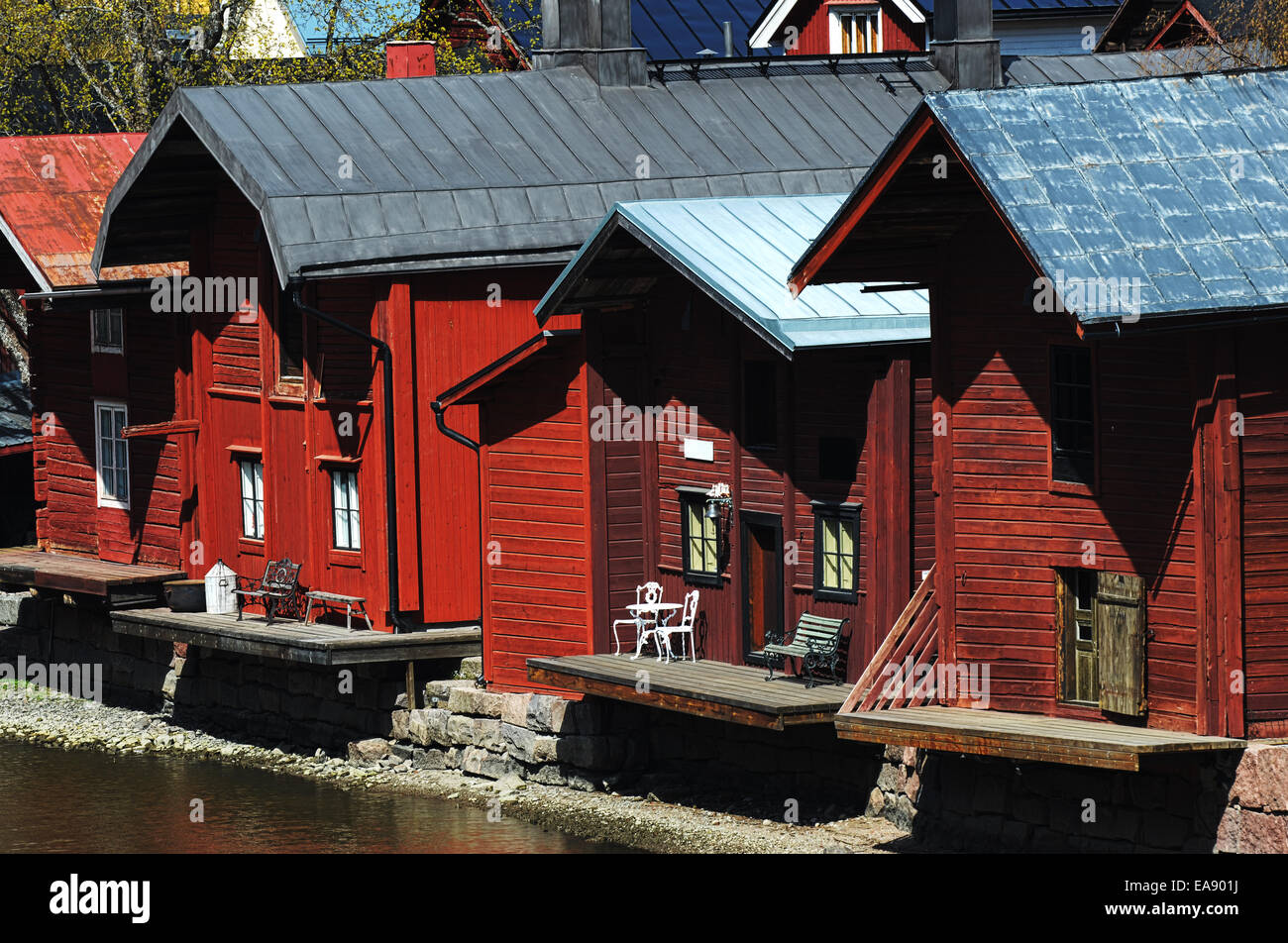 wooden barns near the river in the old town of Porvoo, Finland, Europe Stock Photo