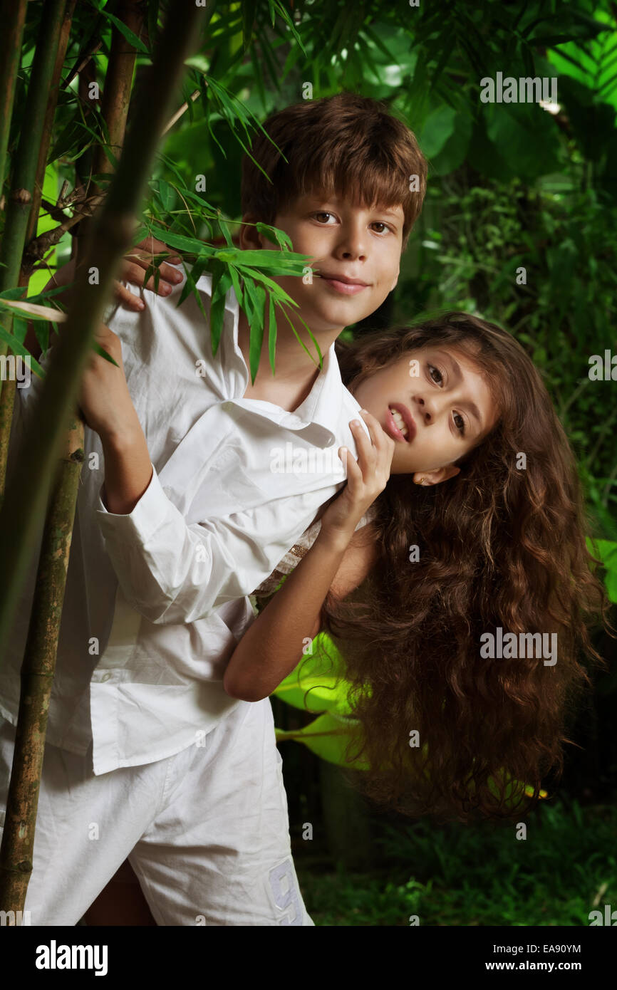 Portrait of little kids having good time in summer environment Stock ...