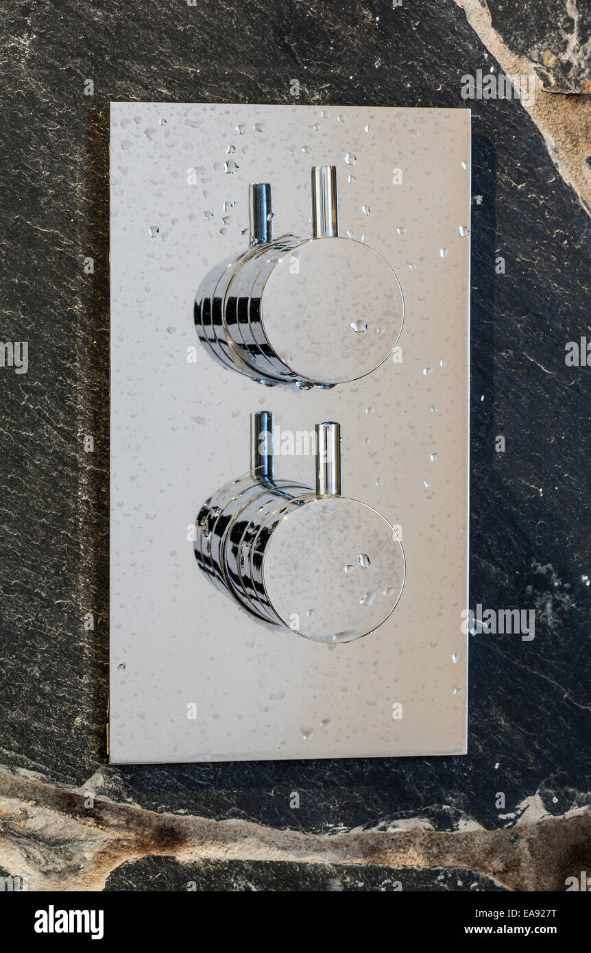 Modern chrome shower controls with water droplets Stock Photo Alamy