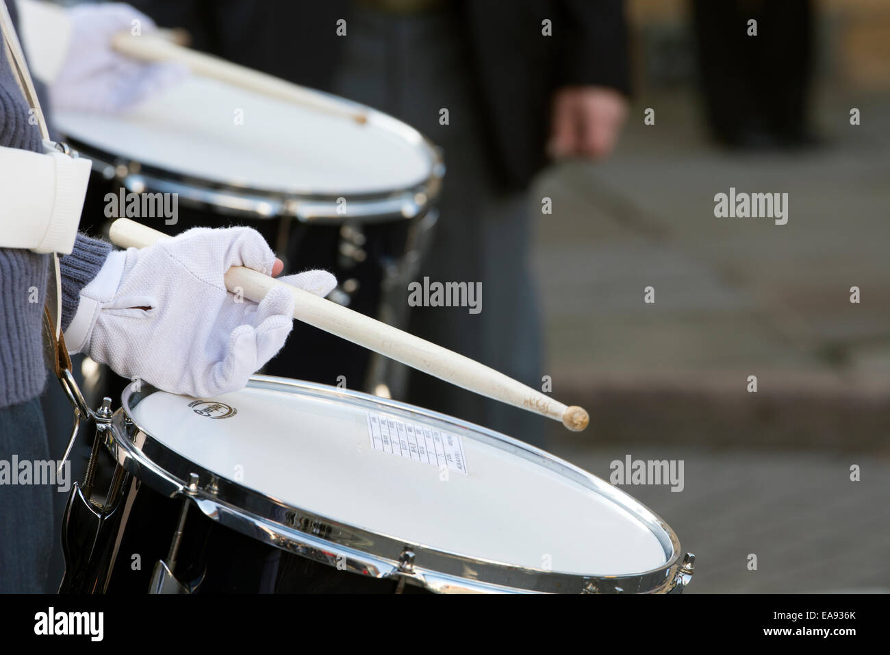 Stratford-upon-Avon Remembrance Sunday parade. An Air Training Corps band drummer. Stock Photo