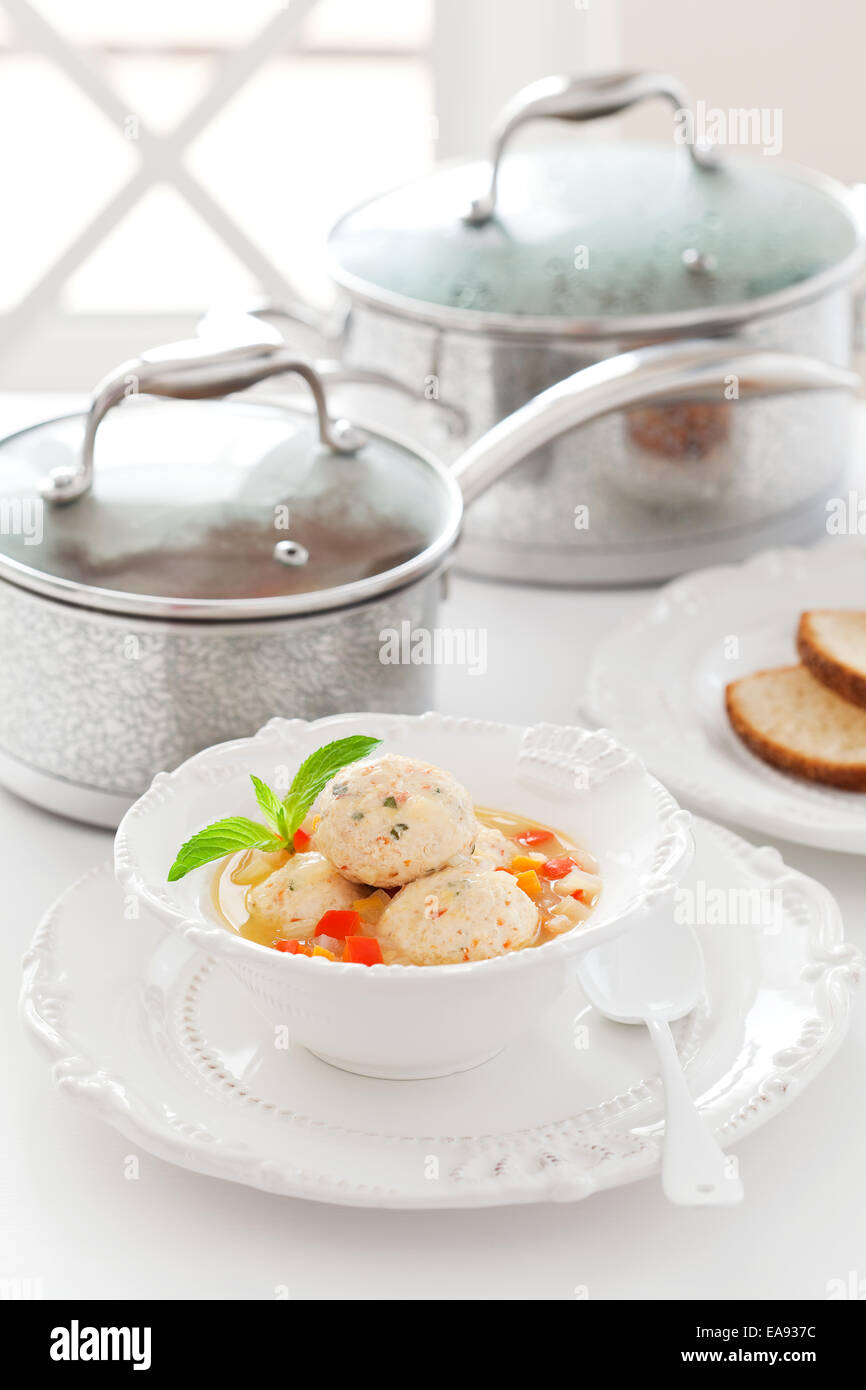 Soup with chicken meatballs and vegetables Stock Photo Alamy