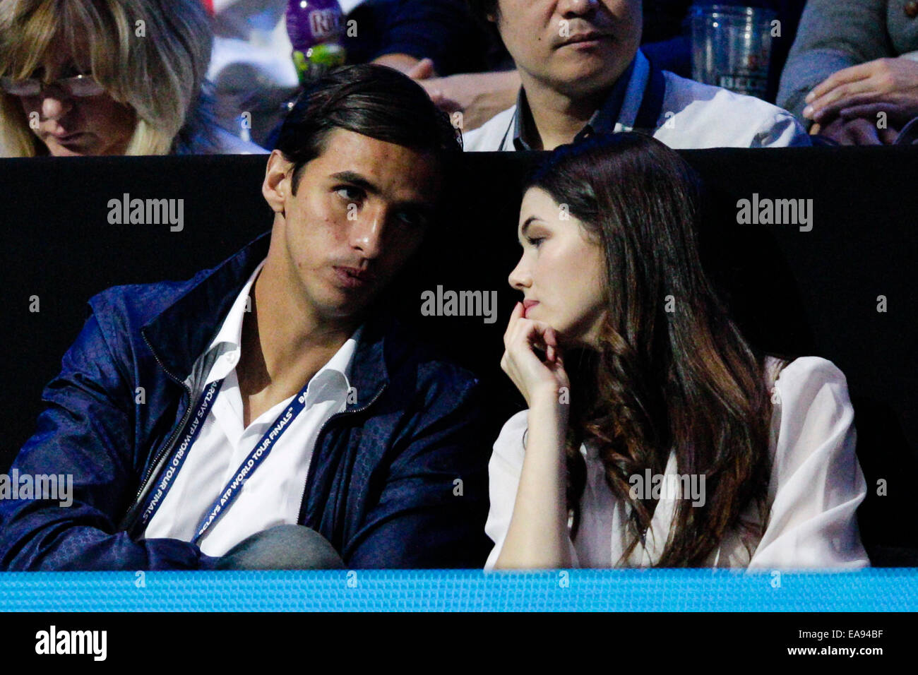 London, UK. 09th Nov, 2014. ATP World Tour Finals. Andy Murray (GBR) versus Kei Nishikori (JPN). Fulham football player Bryan Ruiz watches the action courtside with his partner Credit:  Action Plus Sports/Alamy Live News Stock Photo