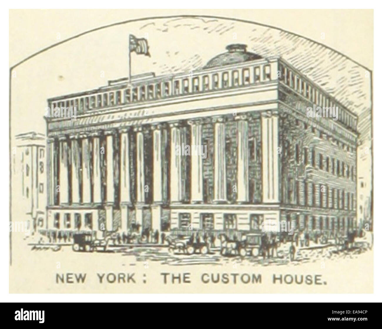 This 1891 map of New York City includes an illustration of the Custom House, located in lower Manhattan. The building was a key part of the city's infrastructure, handling imports and exports for the growing nation. Stock Photo