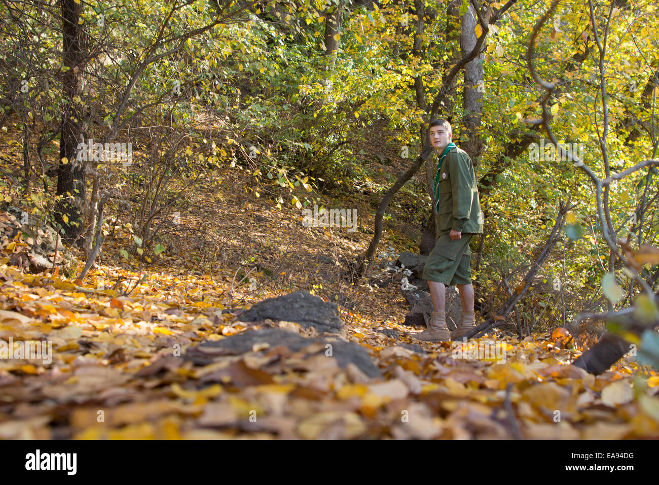 Young scout or ranger in his uniform walking in autumn woodland turning to look across at the camera, copyspace in front of him Stock Photo