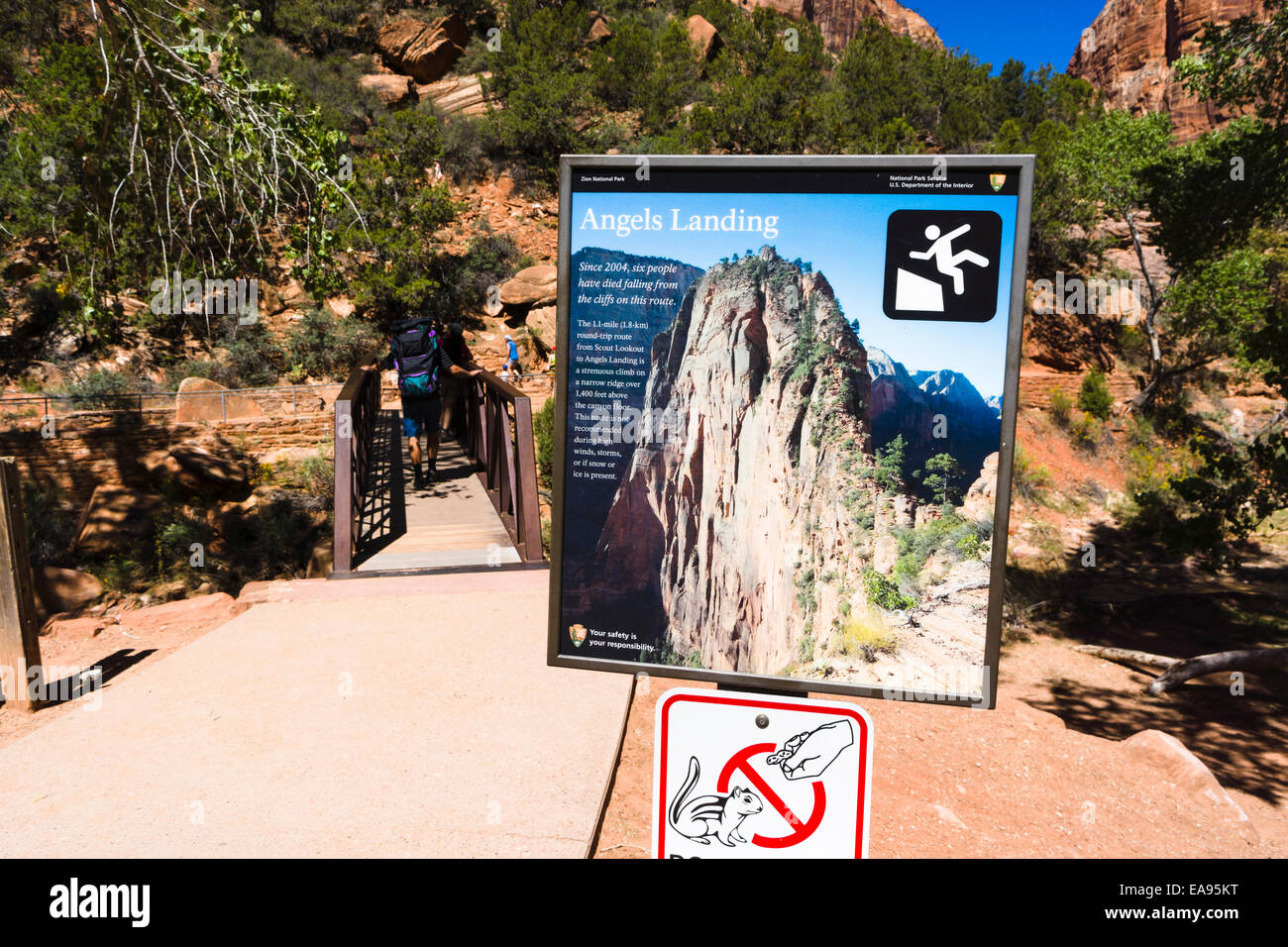Warning sign at start of dangerous Angels Landing hiking trail. Zion National Park, Utah, USA. Stock Photo