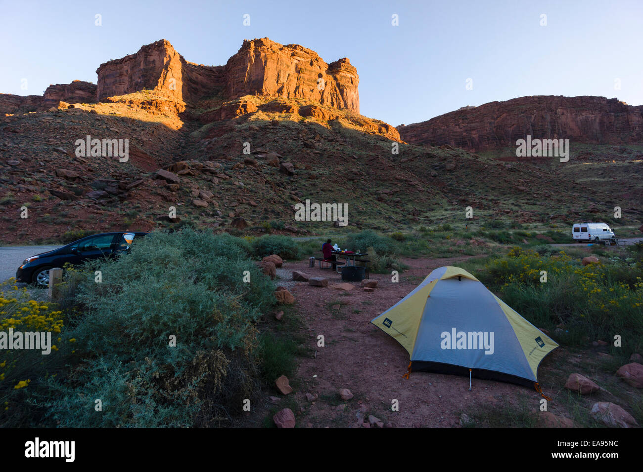 Tent camping at Drinks Canyon campground, Moab, Utah, USA Stock Photo