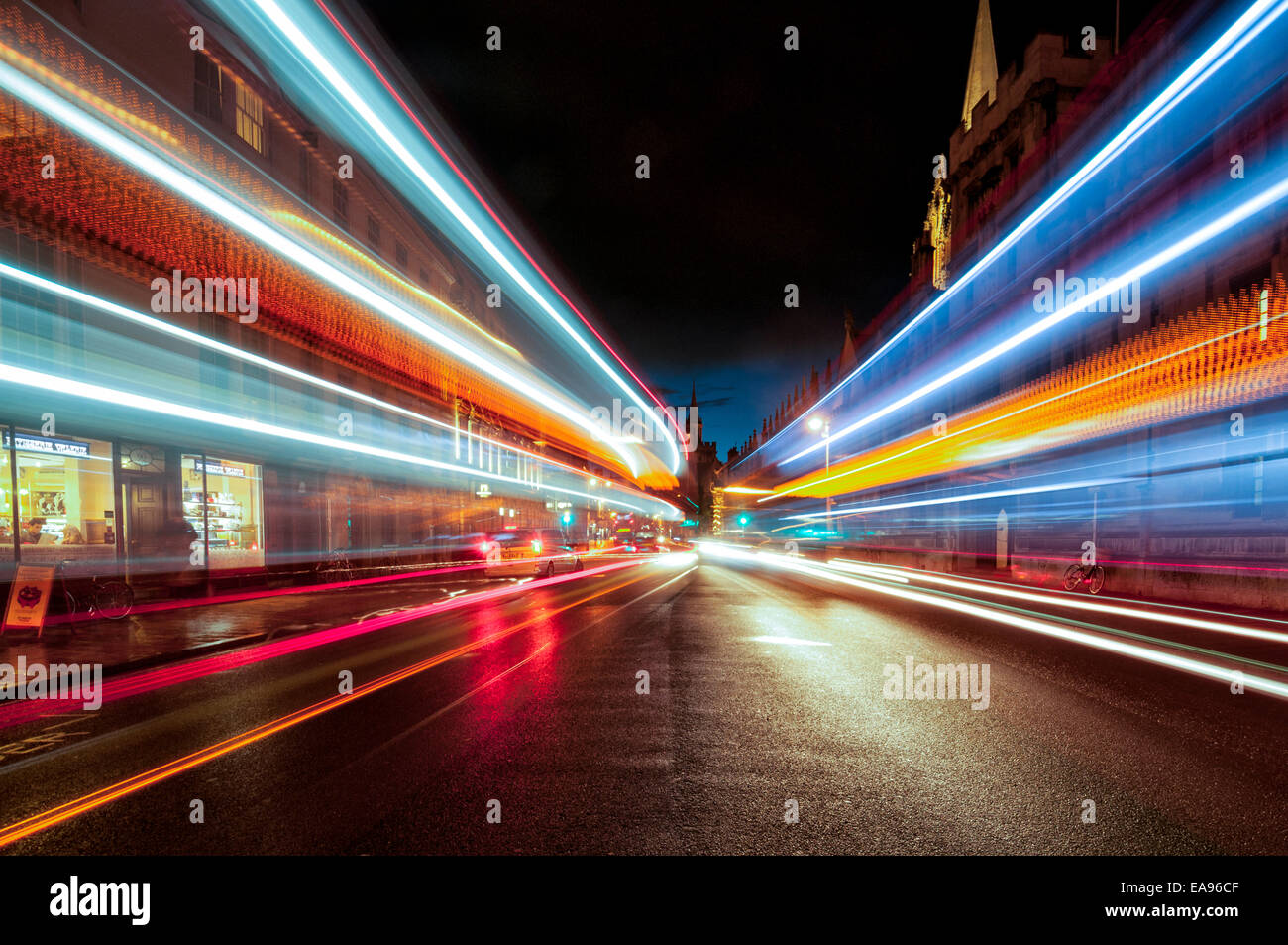 Oxford high street at night with streaks of light from passing vehicles Stock Photo