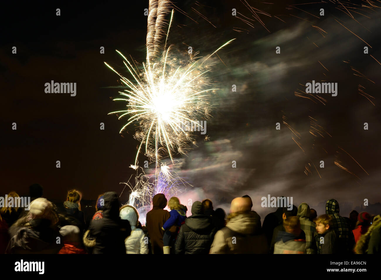 Crowds enjoy a November 5th fireworks display in Chester city centre UK Stock Photo