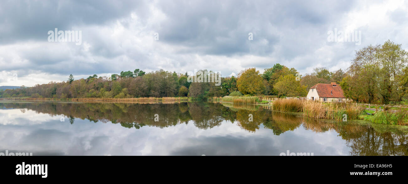 panoramic view showing a lone angler sitting beside the pond and house