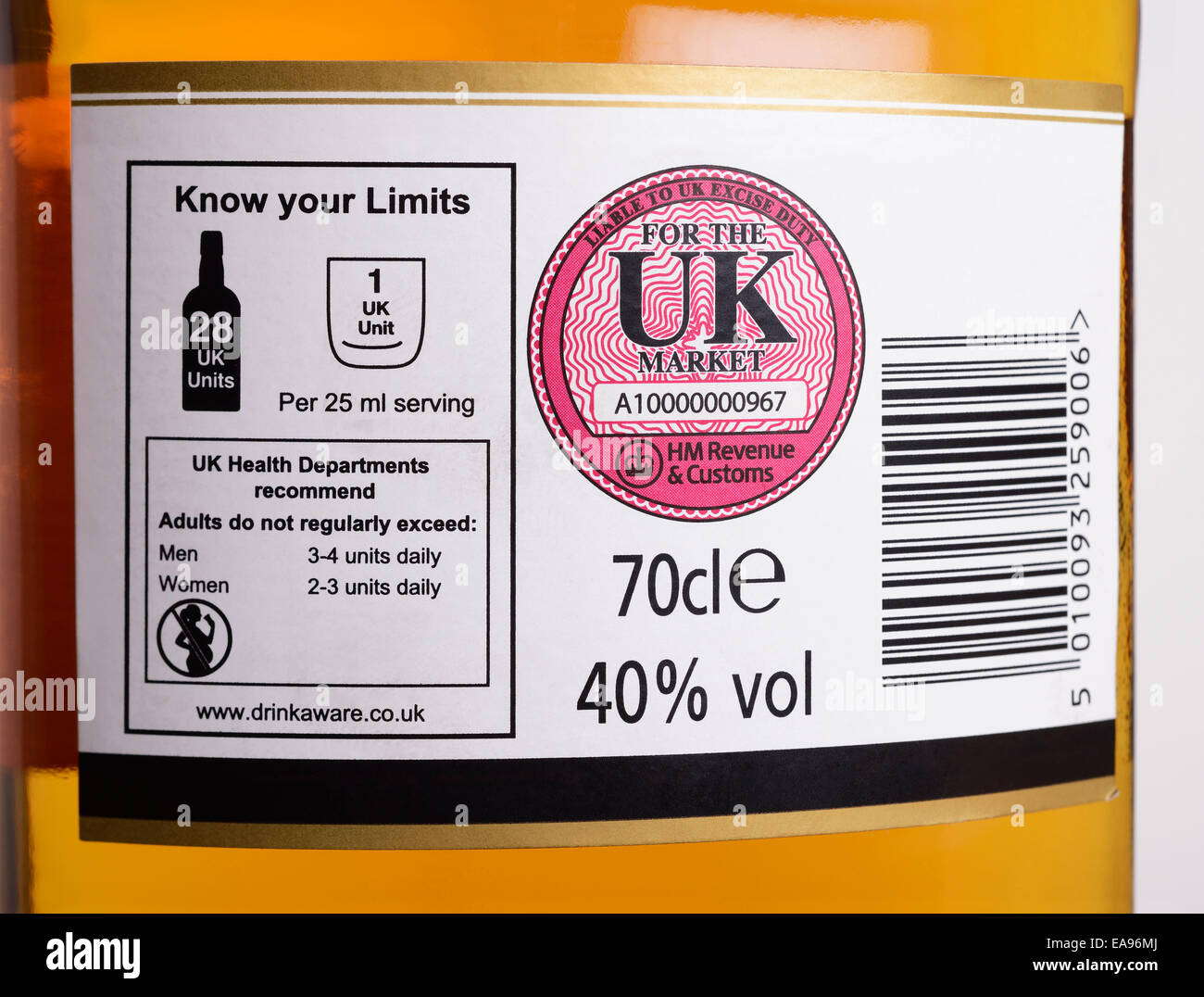 HMRC logo indicating UK excise duty has been paid on a bottle of whisky Stock Photo