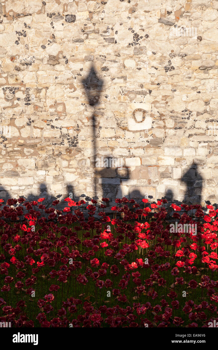 Remembrance Sunday poppy display. Visitor shadows on the outside wall of the Tower of London. Stock Photo