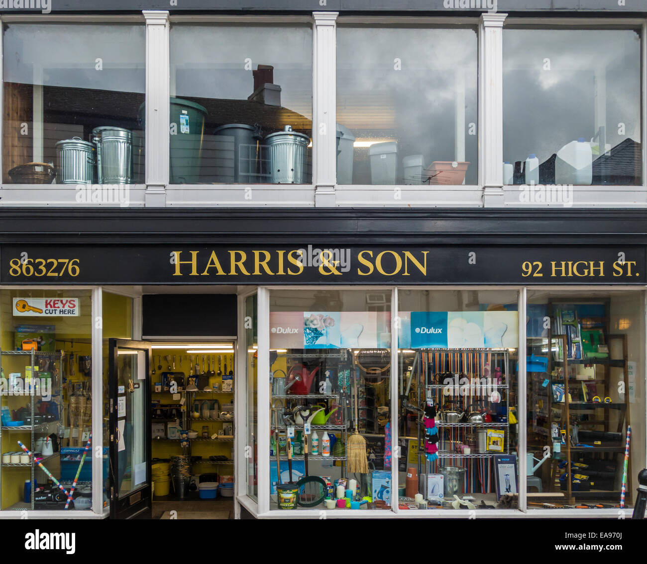 The front view of a Totnes hardware store showing the the two floors from the street. Stock Photo