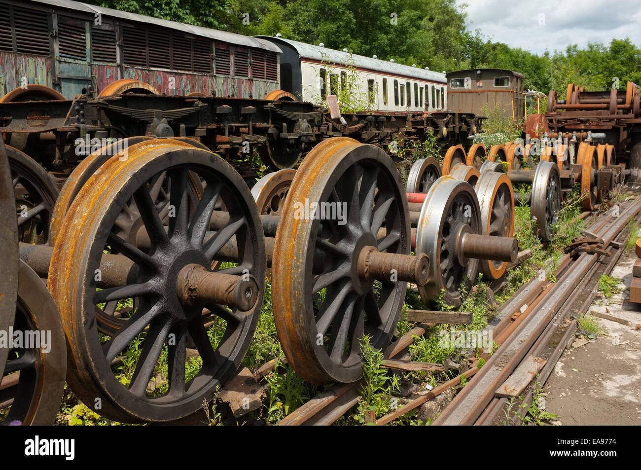 Rolling stock wheels at the South Devon Railway, Buckfastleigh, Devon, England. Stock Photo