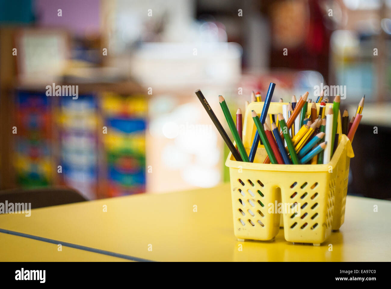 Classroom pencils in an empty school classroom. Stock Photo
