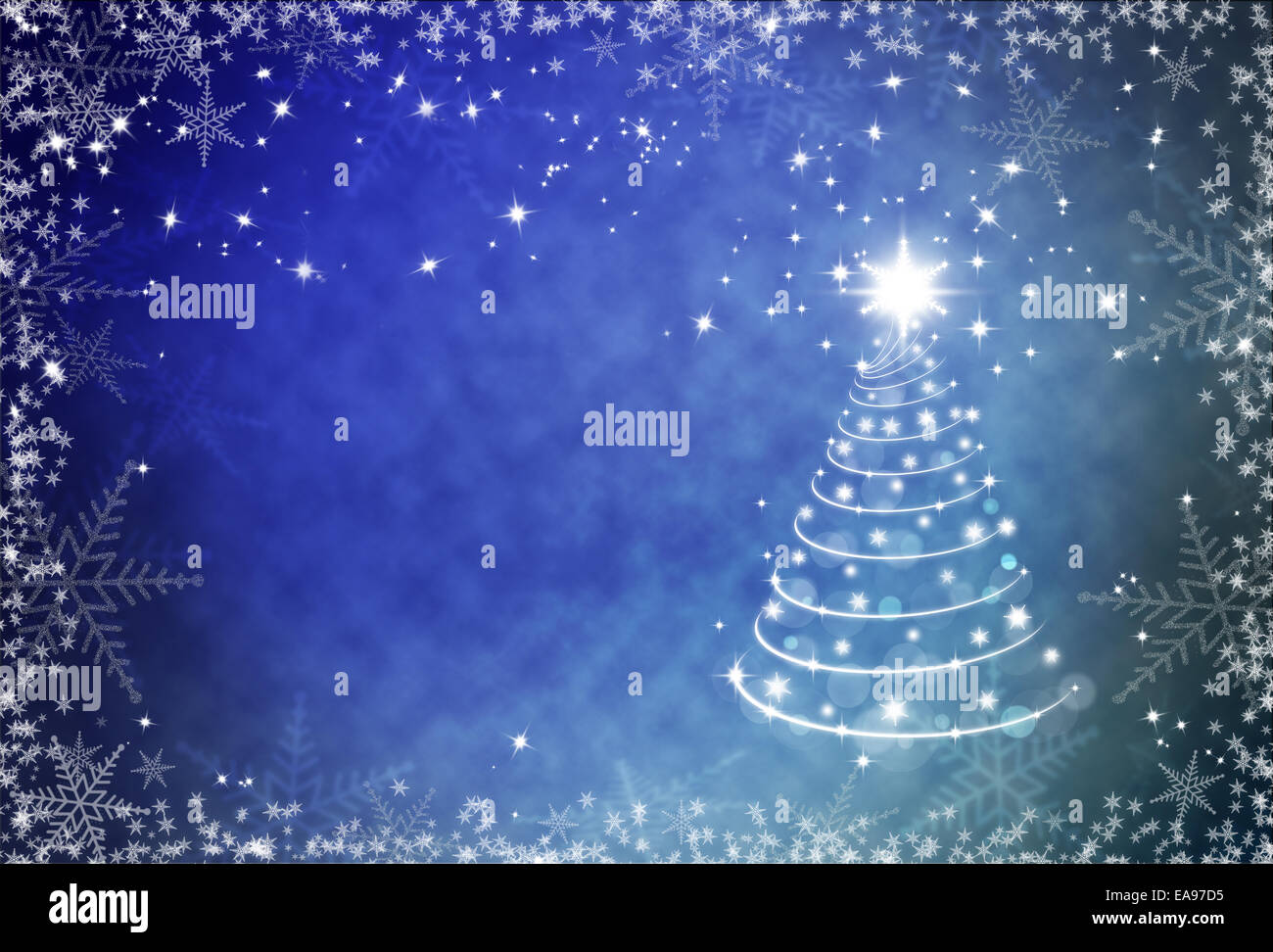 Christmas blue background with snowflakes frame and Christmas tree ...