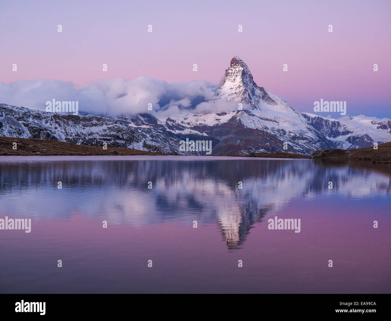 Matterhorn in early morning with relfection in StelliSee, Zermatt, Switzerland Stock Photo