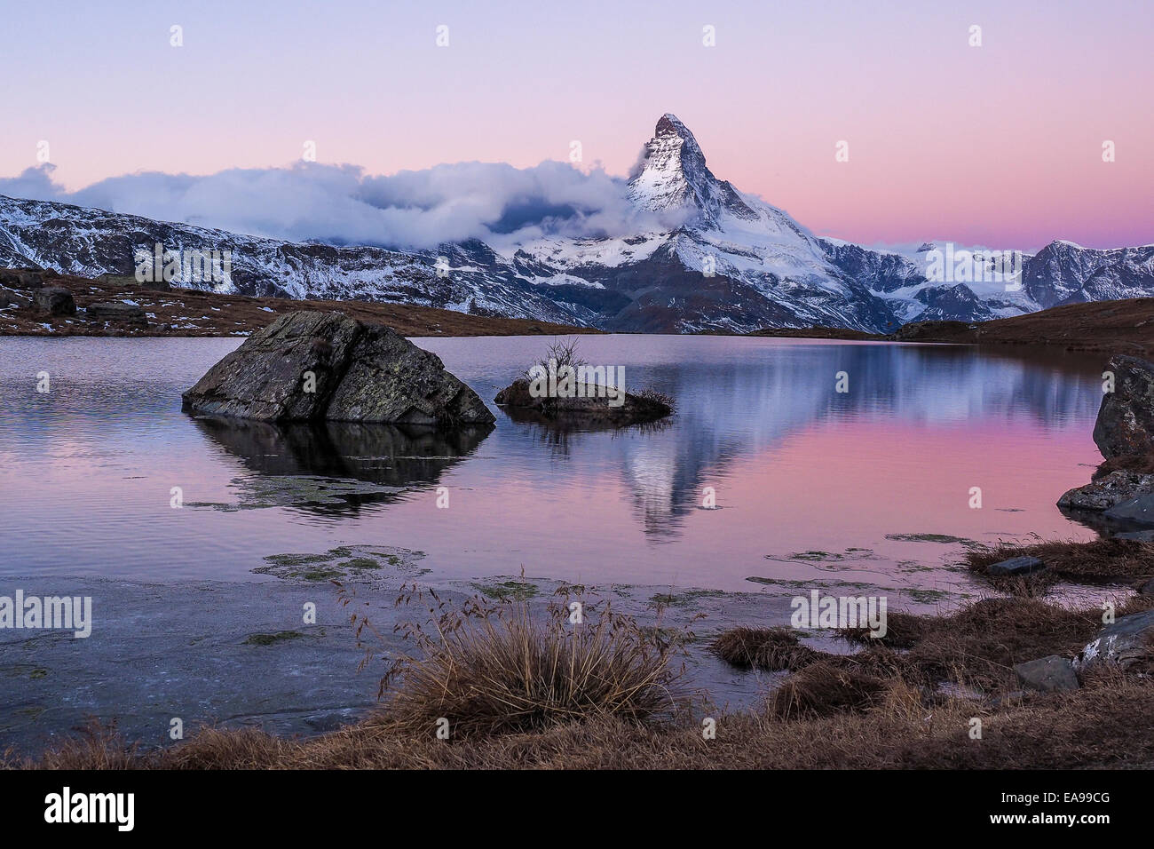 Matterhorn in early morning with relfection in StelliSee, Zermatt, Switzerland Stock Photo