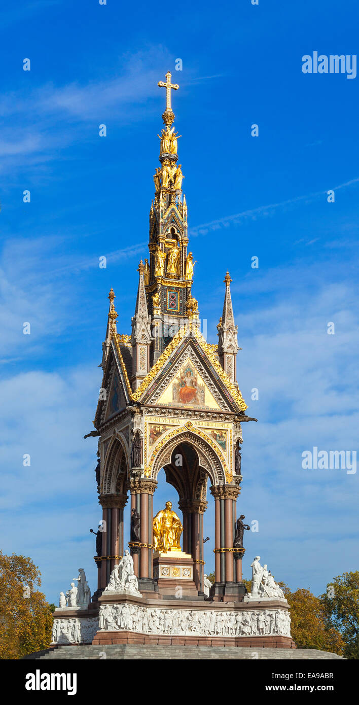 The Albert Memorial in Kensington Gardens, London, England, directly to the north of the Royal Albert Hall. Bright sunlight Stock Photo
