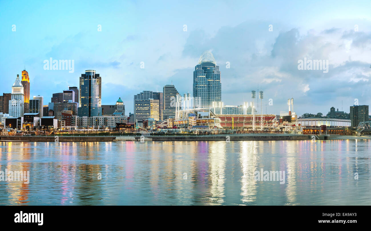 Cincinnati downtown panoramic overview early in the night Stock Photo