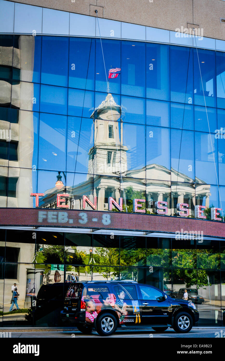 Detail of the Tennessee Performing Arts Center's digital marquee  in Nashville, TN with a reflection of the State capitol Stock Photo