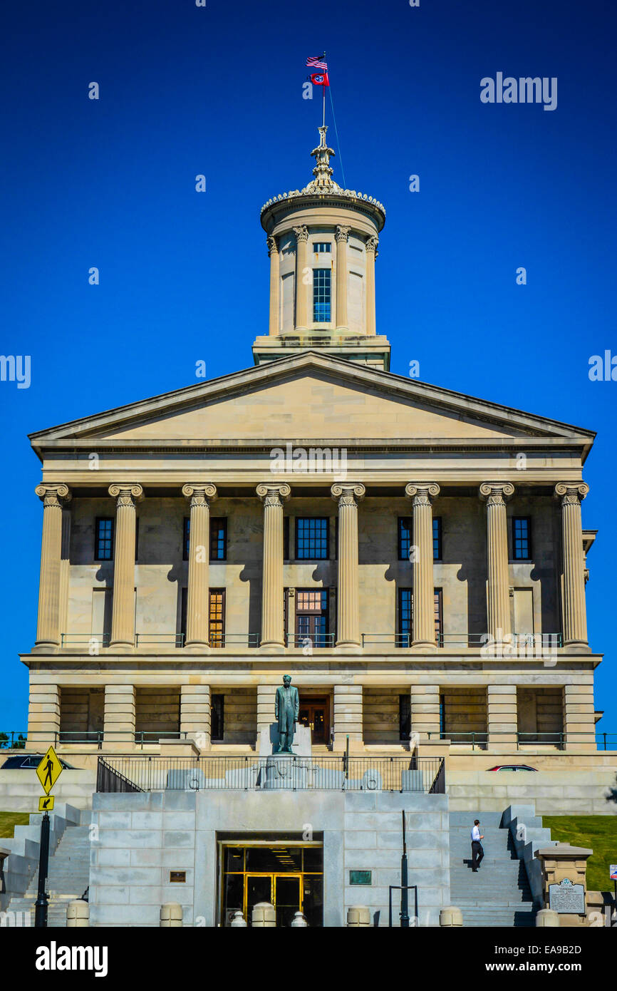 Tennessee State Capitol with statue of Edward Carmack in Nashville TN