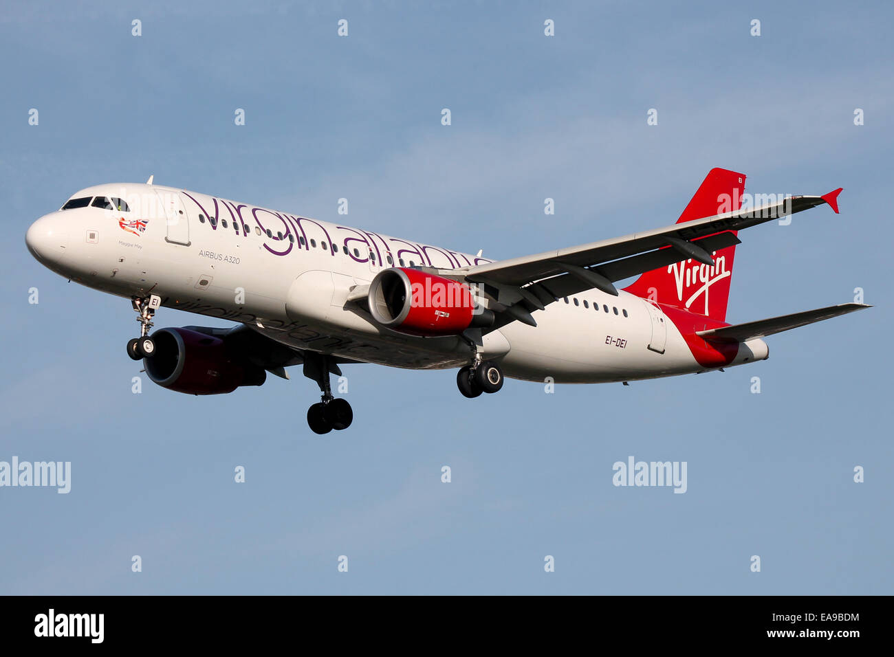 Virgin Atlantic Airbus A320 approaches runway 27L at London Heathrow Airport. Stock Photo