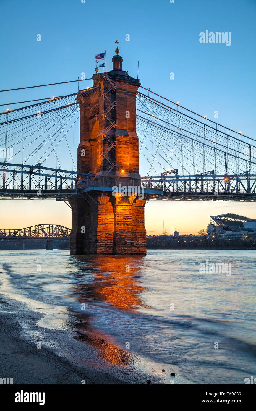 John A. Roebling Suspension Bridge in Cincinnati in the night Stock